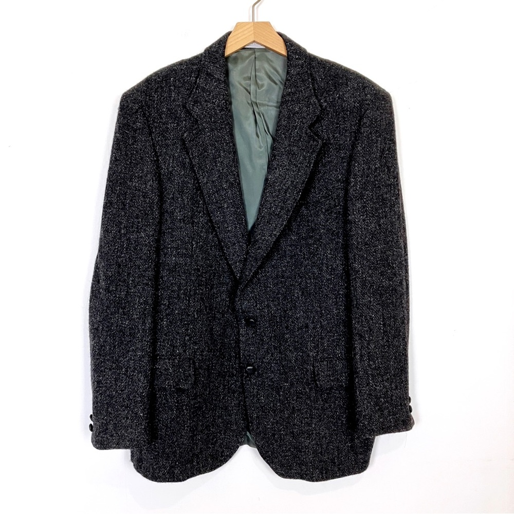 Vintage Harris tweed wool sport coat blazer black grey  classic 44R